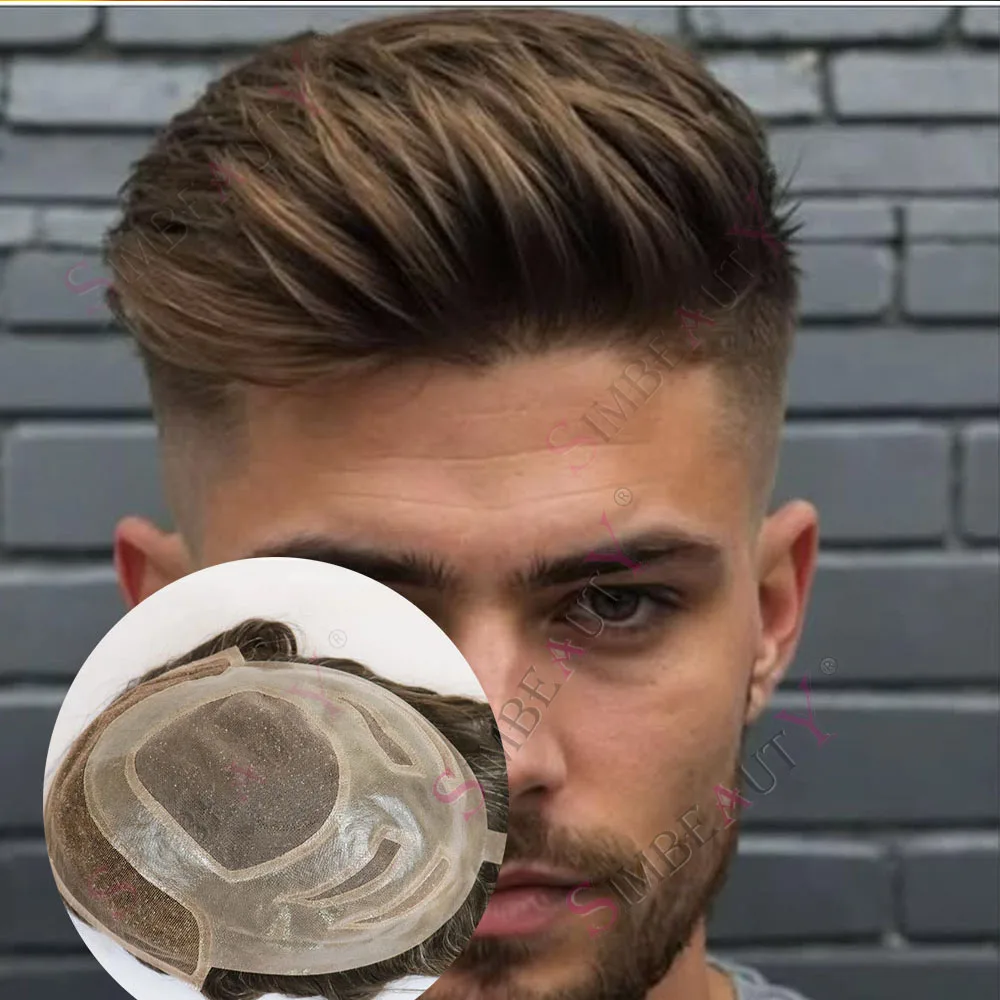 

Пепельно-коричневый блондин, швейцарский кружевной передний парик из искусственной кожи, мужские парики Versalite, серые, черные волосы, дышащие, 100% человеческие волосы, парик для мужчин, отбеленный узел