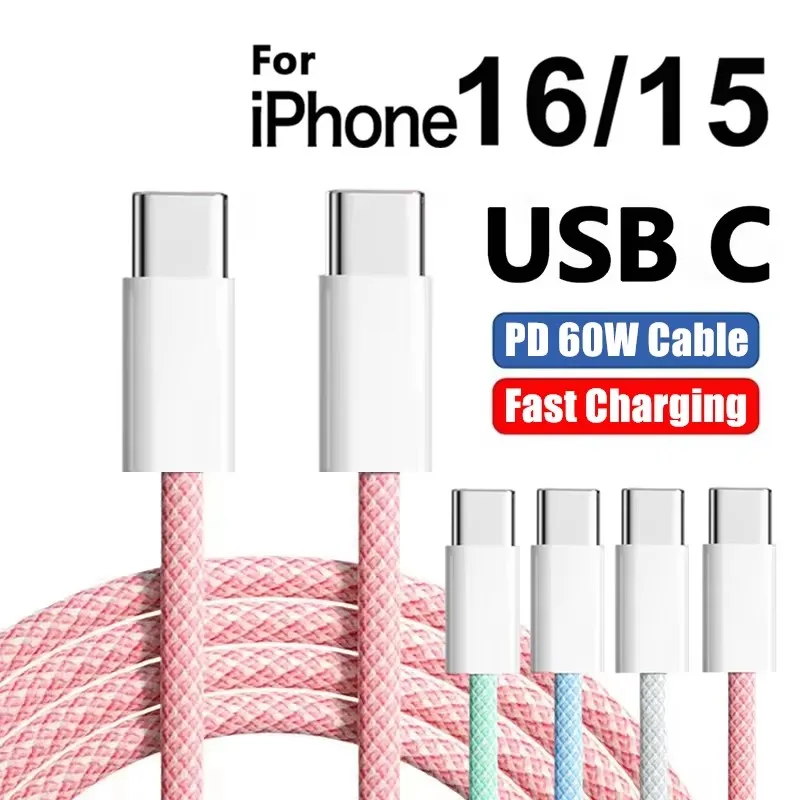 60W PD USB-C to USB-C Fast Charging Cable for iPhone 15 16 Pro Max 15 16 Plus 16e Samsung S23 S24 S25 A35 A36 A54 A55 A56 Moto H