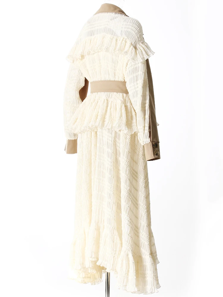 Women Khaki Lace Ruffles Big Size Long Trench New Lapel Long Sleeve Windbreaker Fashion Tide Spring Autumn