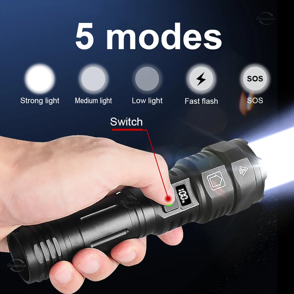 High Power White Laser LED Flashlights Zoomable Tactical Torch Type-C Rechargeable Power Bank Digital Display Super Bright Camp