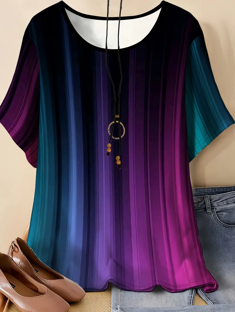 Vintage Damen Sommer T-Shirt Farbverlauf-Druck Eleganter O-Ausschnitt Kurzarm-Tees Mode Streetwear Lockere Oberteile Y2k Damenbekleidung – Detail 8