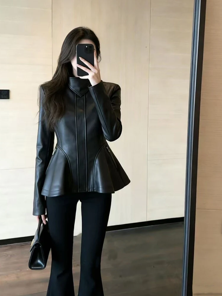 Lautaro Spring Autumn Cool Black Retro Soft Pu Leather Jackets for Women Zipper Stand Collar Elegant Luxury Designer Clothes