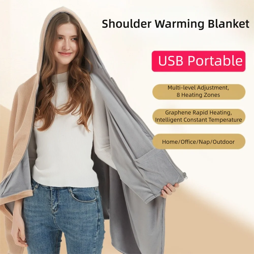 

High Quality Wearable USB Electric Heated Blanket 3 Heating Levels Washable Warm Shawl with Hat Portable Leg Cover Household