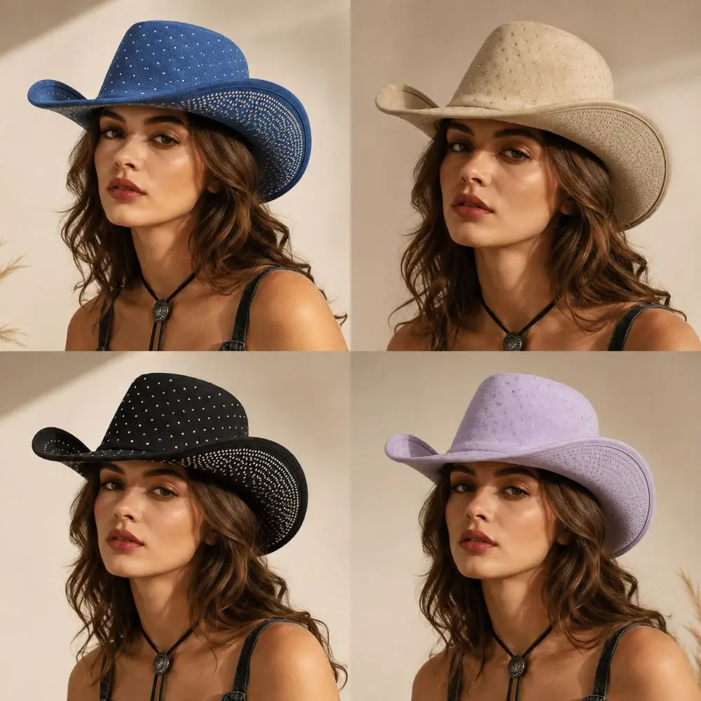Large Brim Western Cowboy Hat Rhinestone Decor Solid Color Panama Cowboy Hat Sun Protection Glitter Finish Rhinestone Cowboy Hat