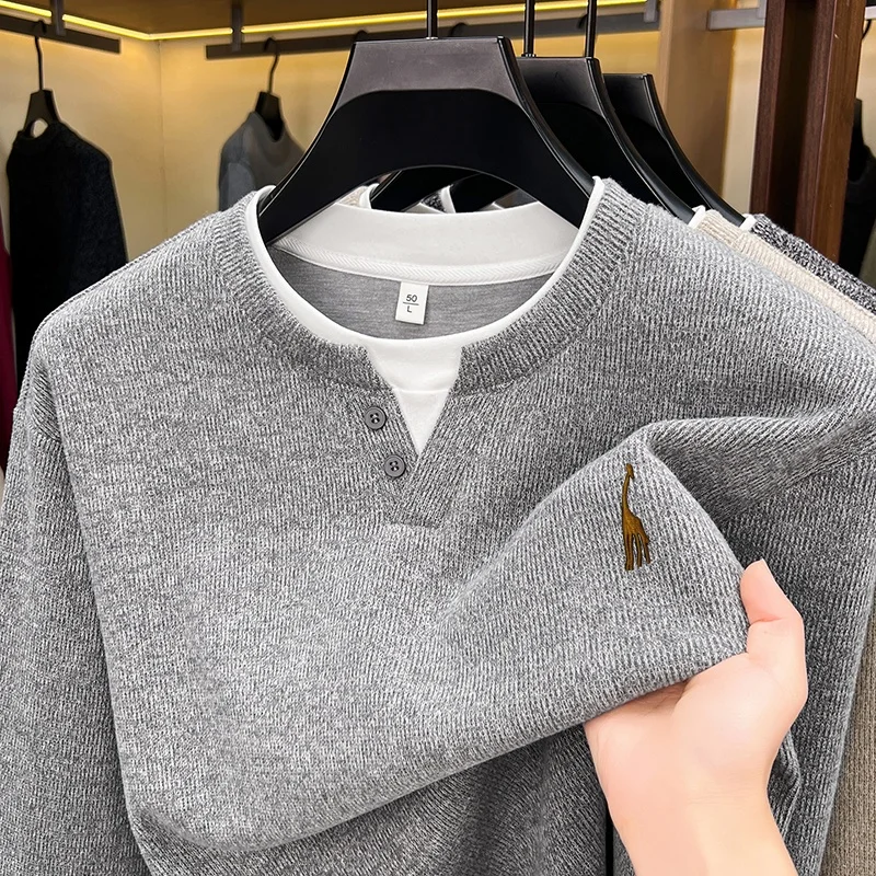 Hochwertiges Herren-T-Shirt mit Stickerei und Aufdruck, Herbst-Neuheit, Langarm, einfarbig, bequem, O-Ausschnitt, lässige Mode, Herrenbekleidung – Detail 2