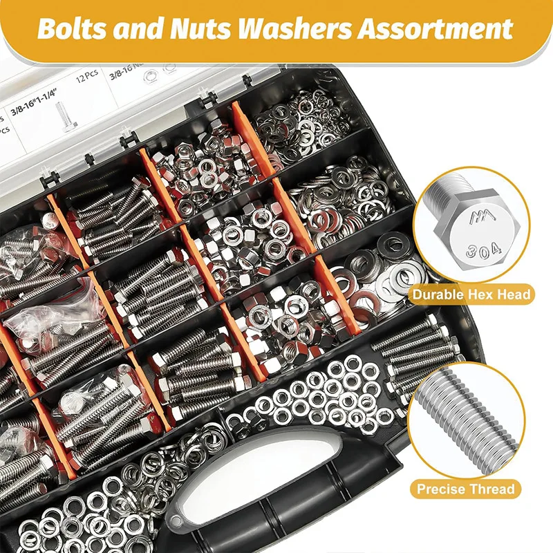 744pcs Color Zinc & Plain Carbon Steel Hex Bolts Nuts Flat Spring Washers Assortment Kit Box Set