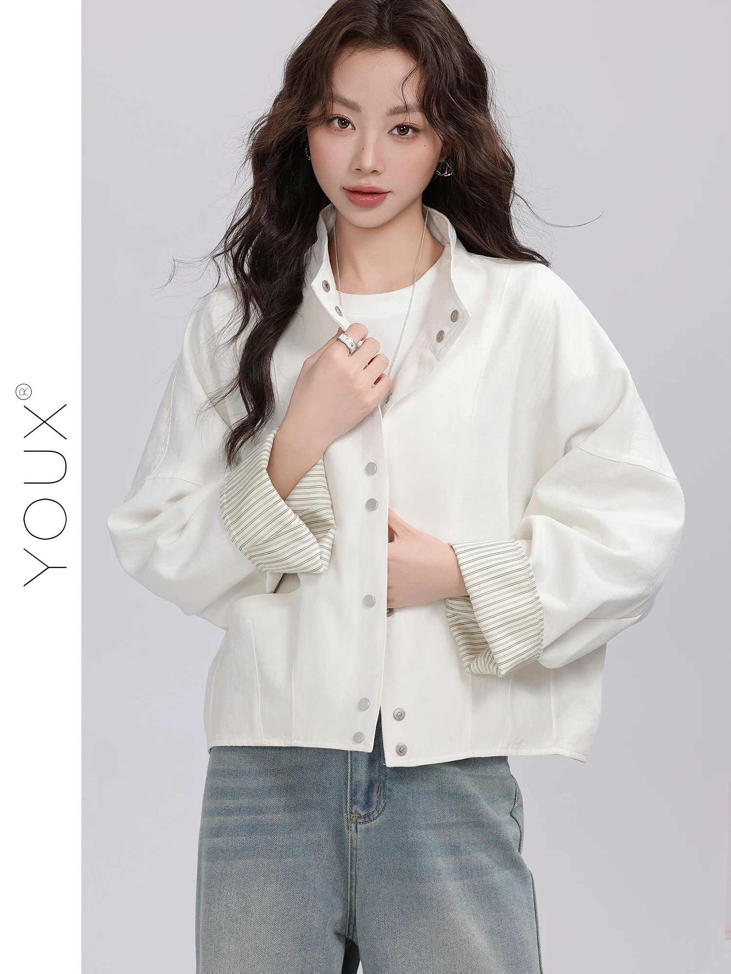 

Casual Loose ort Coat Holiday Sle Women's Faionable Versatile Stand Collar Top Summer New Arrival Polyester Material
