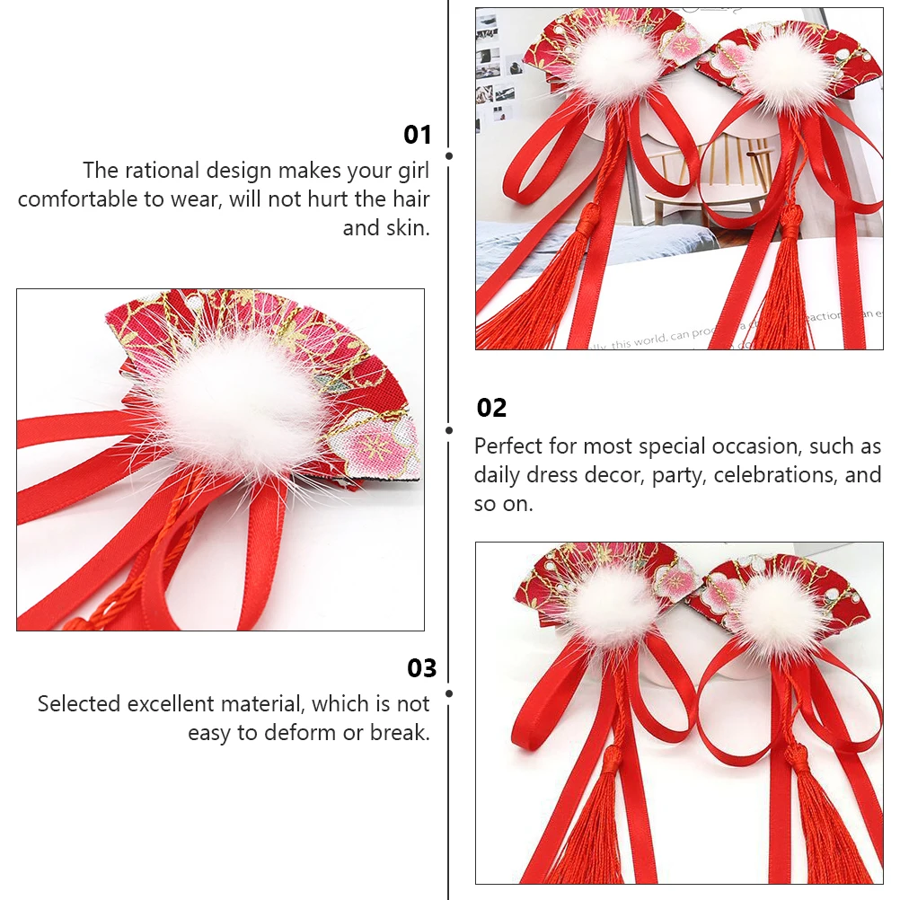 

Vintage Hair Clips Chinese Style Fabric Barrettes Retro Accessories Red Tassel Fan Design Comfortable Durable Wear Long Term