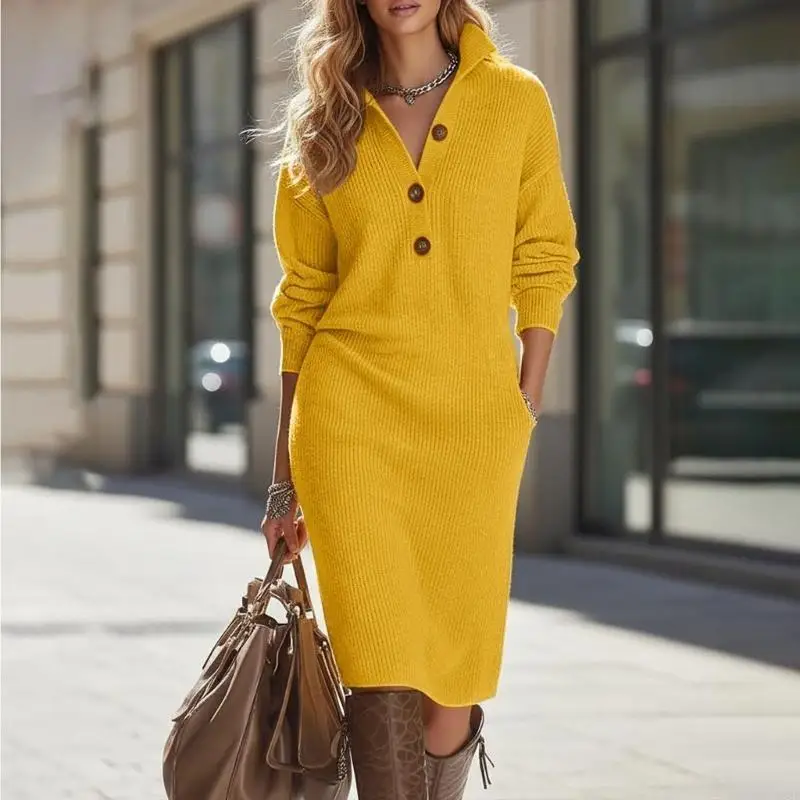 

L38E женское вязаное платье-свитер однотонное на пуговицах спереди с длинным рукавом теплое элегантное полиэстер для клуба,