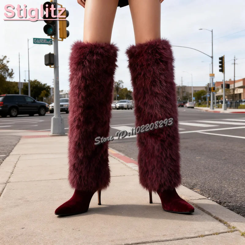 

Dark Red Faux Fur High Heel Boots Suede Frosted Square Toe Warm Knee-high Boots Fashion Women's Stiletto Shoes New Autumn 2025