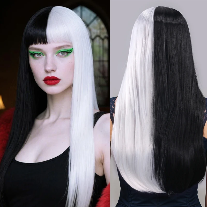 

Круэлла Черно-белая ведьма Длинные прямые волосы Парик Инь-Янь Костюм Круэллы Головные уборы Маскарадный бал Костюм синтетический парик