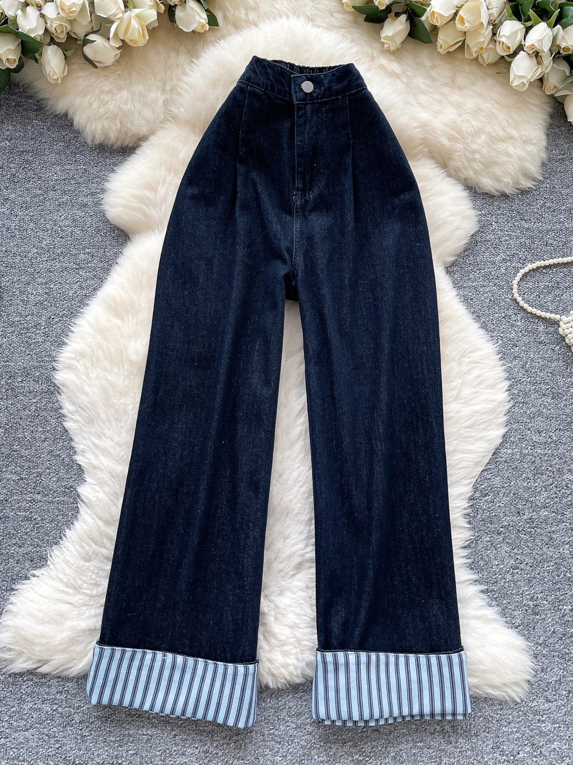 

Retro High Waist Wide Leg Jeans Women's Summer Slimming Stripe Splicing Casual Straight Cut Trousers Luxury Korean Sle