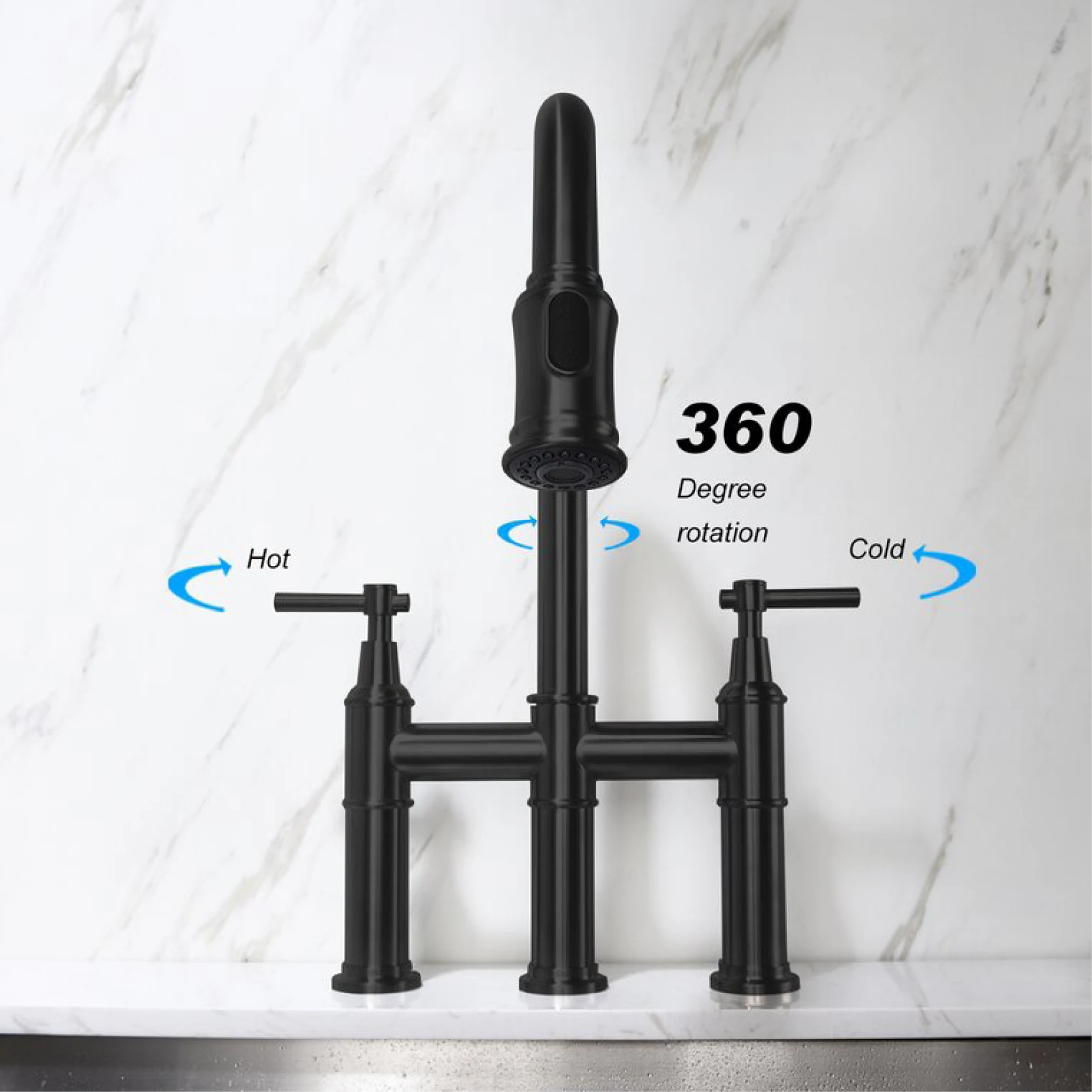 American black brass kitchen faucet 2-hole double handle cold and hot double control pull-out design three-function sink faucet