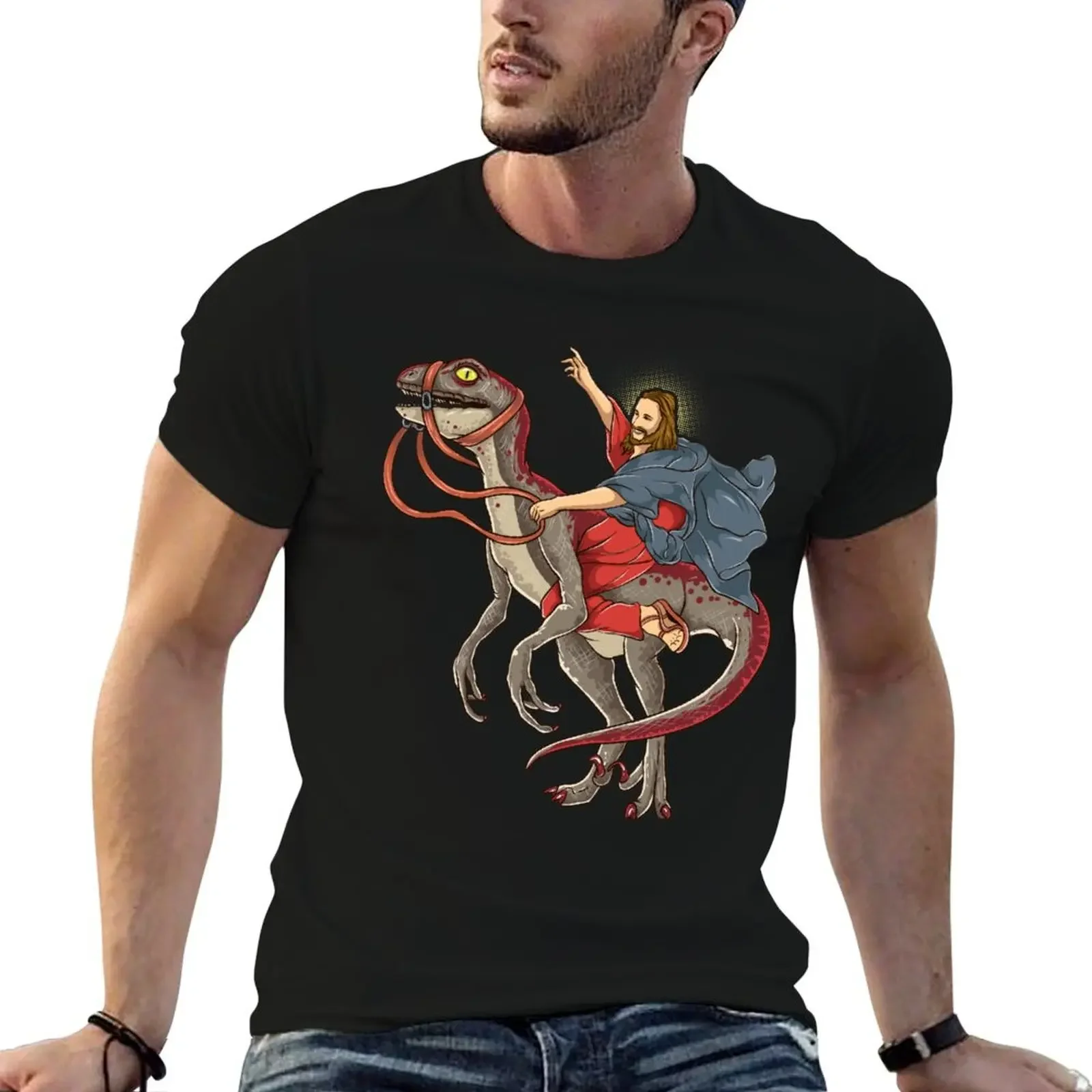 Jesus Riding a Dinosaur Shirt Raptor Dinosaur Parody T-Shirt graphic t shirts for a boy workout shirts for men