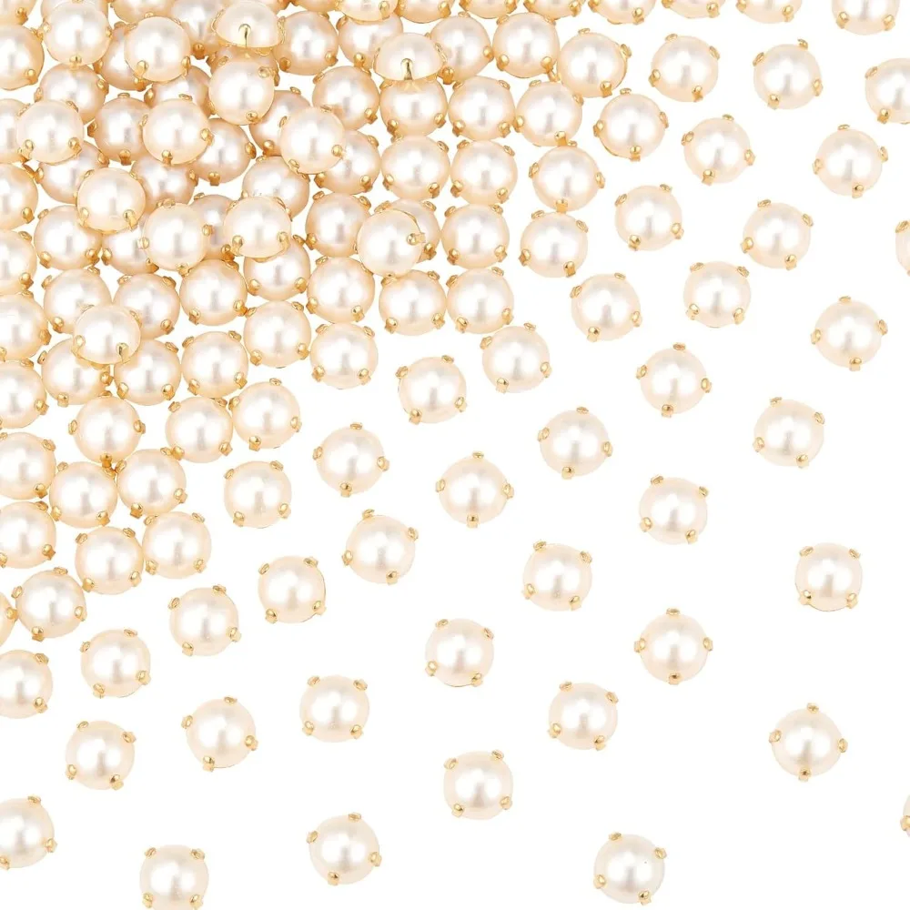 200Pcs Sewing Pearl Beads Two Holes Sew on Pearls and Rhinestones with Gold Claw Flatback Half Round Pearl Garment Accessories