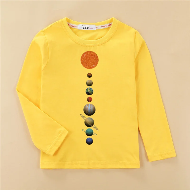 Kids Casual T-shirt Solar System Pattern Tops Baby Boys Cotton Fashion Shirt 3-14T Children Long Sleeved Tees