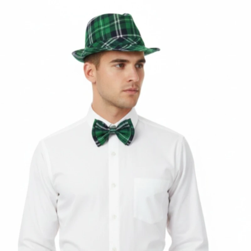 Conjuntos de sombreros de fieltro y pajarita a cuadros del Día de San Patricio, sombreros irlandeses verdes, accesorios de ropa de cosplay para fiesta para mujeres y hombres