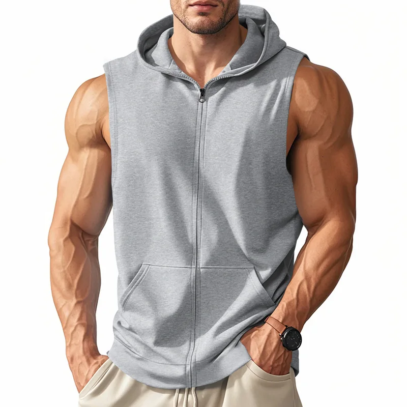American Summer Neue Kapuzenweste für Herren, Sport, Fitness, Training, Reißverschluss, Strickjacke, ärmellose Weste – Detail 14