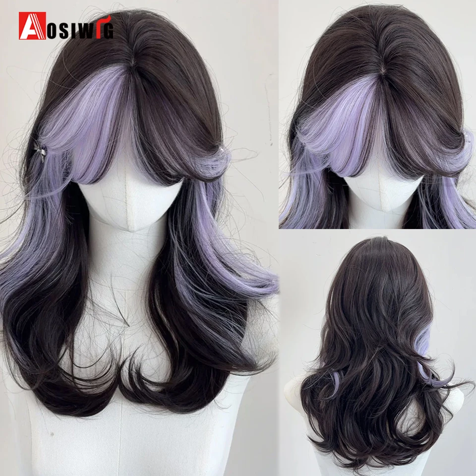 Black Highlight Purple Long Curly Hair With Bangs Synthetic Wig Suitable For Role Playing Women Heat Resistant Party Cosplay Lol