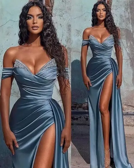 2024 Sexy Blue Off Shoulder Beaded Satin Evening Dress Mermaid for Women Slit V-Neck Pleated Backless Evening Party Gown