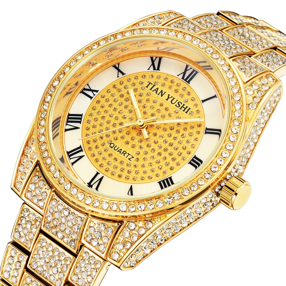 

TYS 18K Gold Men Women Watch Stainless Steel CZ Full Diamond Iced Out Watches Quartz Analog Wrist Watch for Men