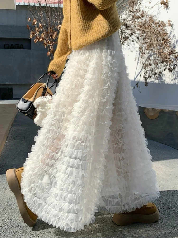SMTHMA Elegant Mesh Cake Gauze Skirt  Women's New 2025 Autumn Winter Elastic High Waist Fluffy Long Skirt