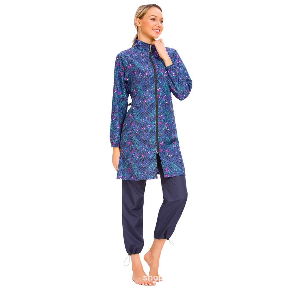 Burkini islámico para mujer, traje de baño estampado musulmán, conjunto de tres piezas con capucha y cremallera, velo
