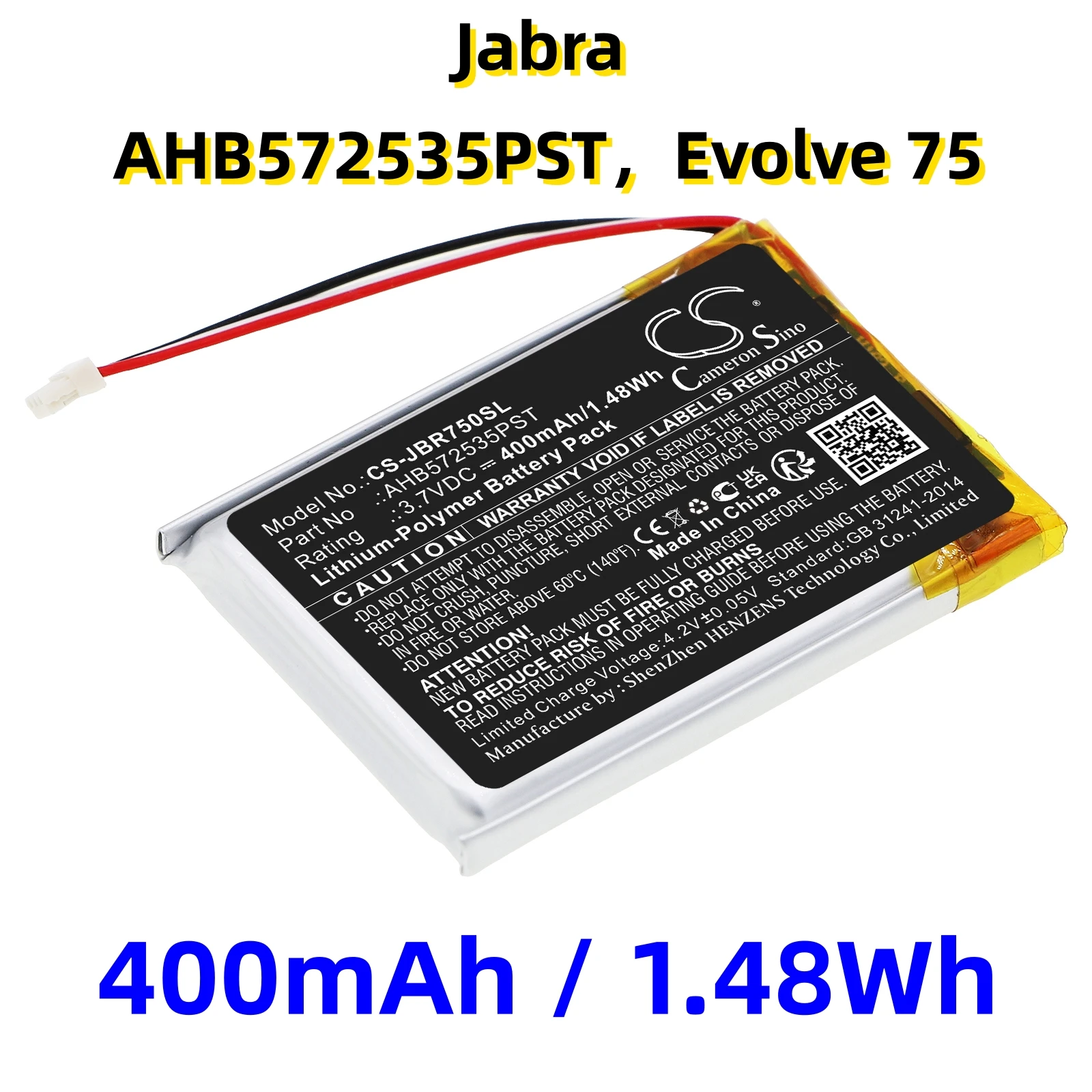 

Replacement Battery for Jabra:AHB572535PST,Evolve 75,Wireless Headset--400mAh / 1.48Wh--Li-Polymer--3.70V