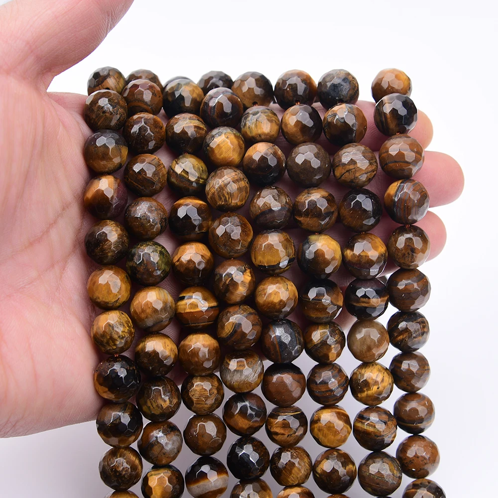 APDGG Natural 12mm Yellow Tiger Eye Stone Faceted Round Loose Beads Strands 15.5