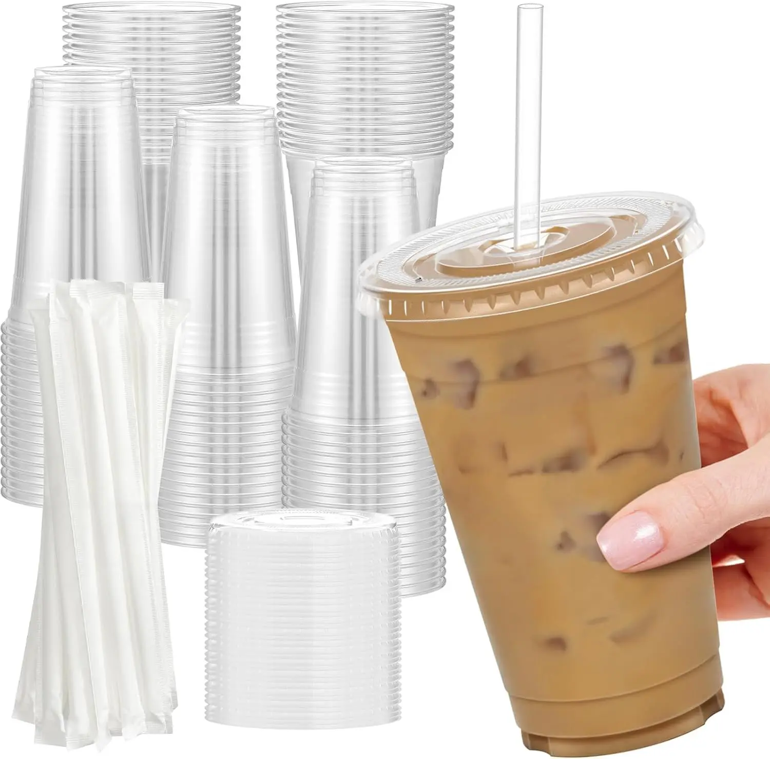 100 Pack - 24 oz Clear Plastic Cups with Lids and Straws, Sturdy & Food Safe Iced Coffee Cups with lids, Disposable Plastic