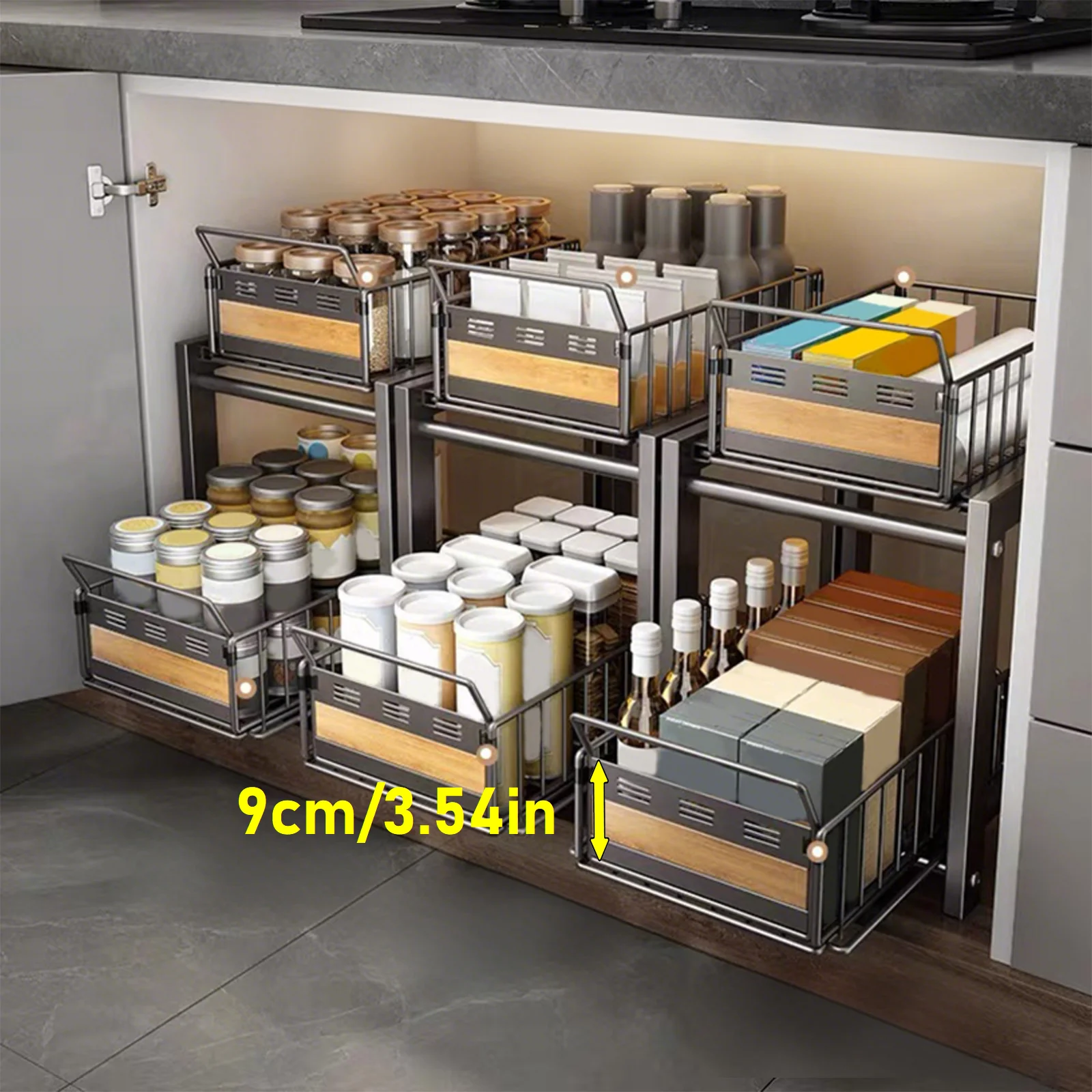 Organizador Extraíble de Doble Capa para Debajo del Fregadero, Estante de Almacenamiento Deslizante Silencioso de Hierro y Bambú, Cajón para Gabinete de Cocina o Baño