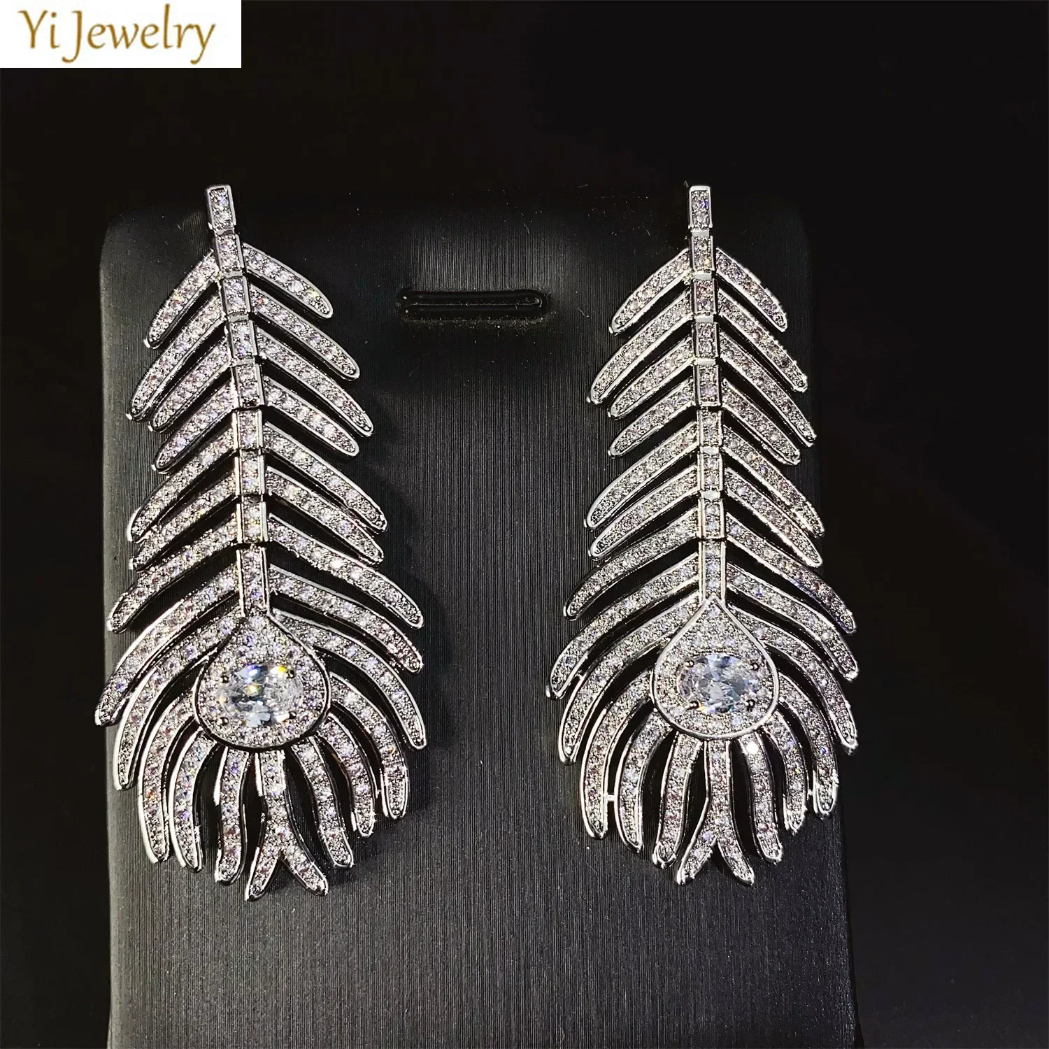 Women Earrings Luxury Jewelry Shiny Zircon White Gold Color Feather Dangle Earrings Wedding Evening Party Bridal Female Gift