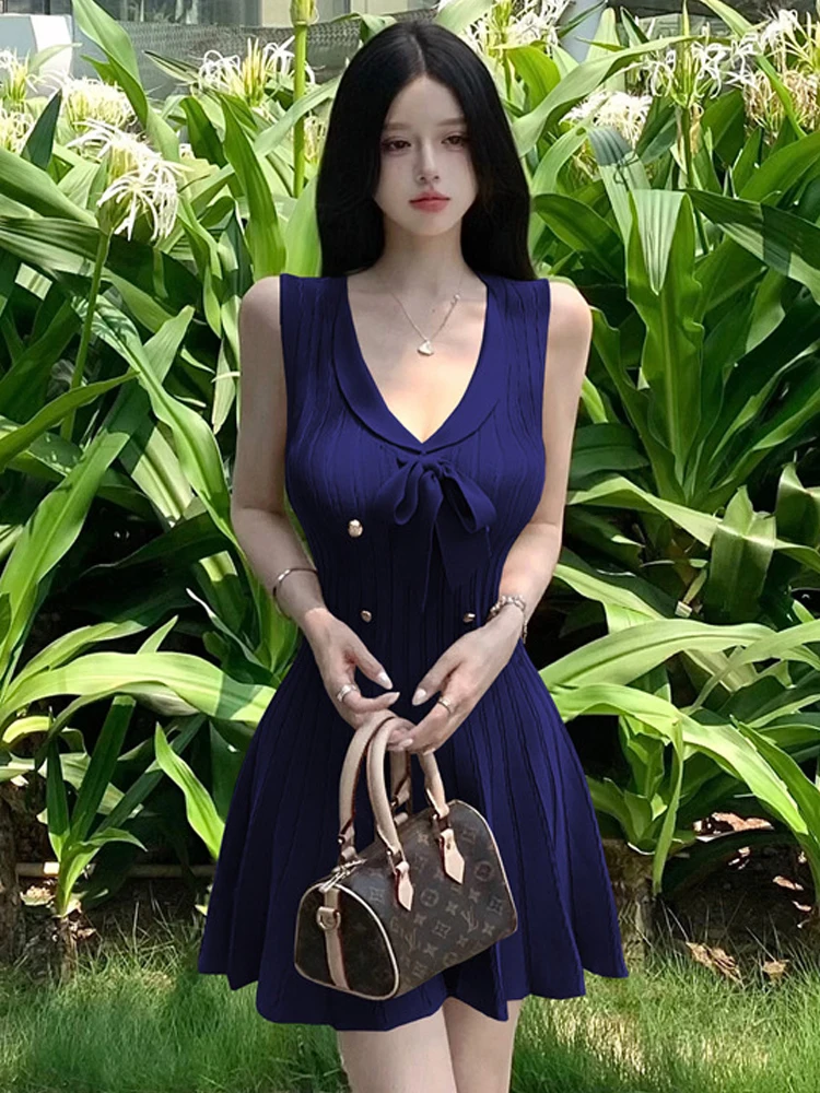 الملابس النسائية Kawaii لطيف سترة تاريخ محبوك فستان أنيق سترة حريمي مزدوجة الصدر القوس سوينغ ثوب الإناث عطلة Vestidos