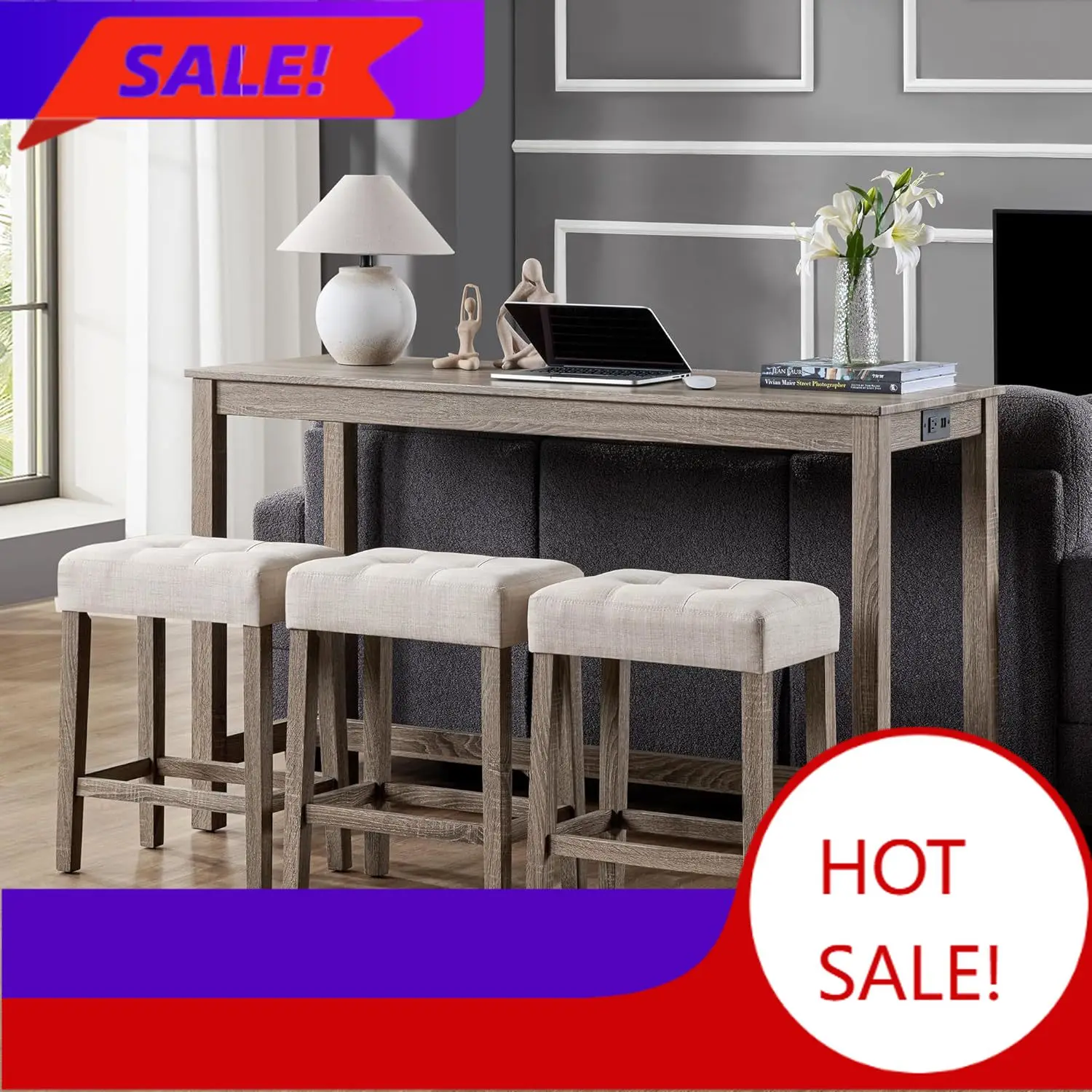 

Комплект из 4 предметов: барный стол с розеткой, промышленный обеденный стол для завтраков с 3 мягкими стульями, обеденный стол из массива дерева для стойки на высоте барной стойки S