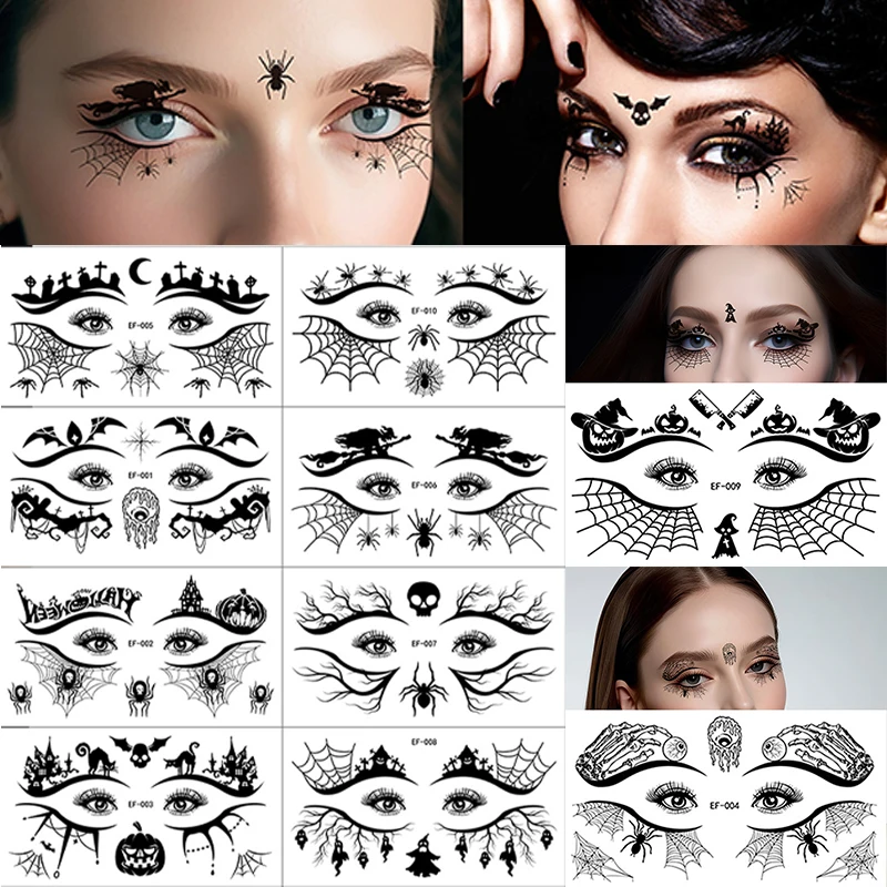

10PCS Halloween Face Sticker Spider Web Temporary Tattoos Black Body Makeup Waterproof Tattoo Sticker for Men Women Party Decals