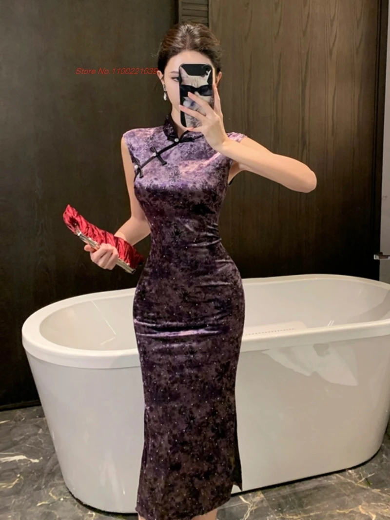 

Китайское сексуальное Ципао, бархатное платье Cheongsam без рукавов, ретро, с цветочным принтом, вечернее платье, традиционное платье для банкета, ночного клуба, Ципао