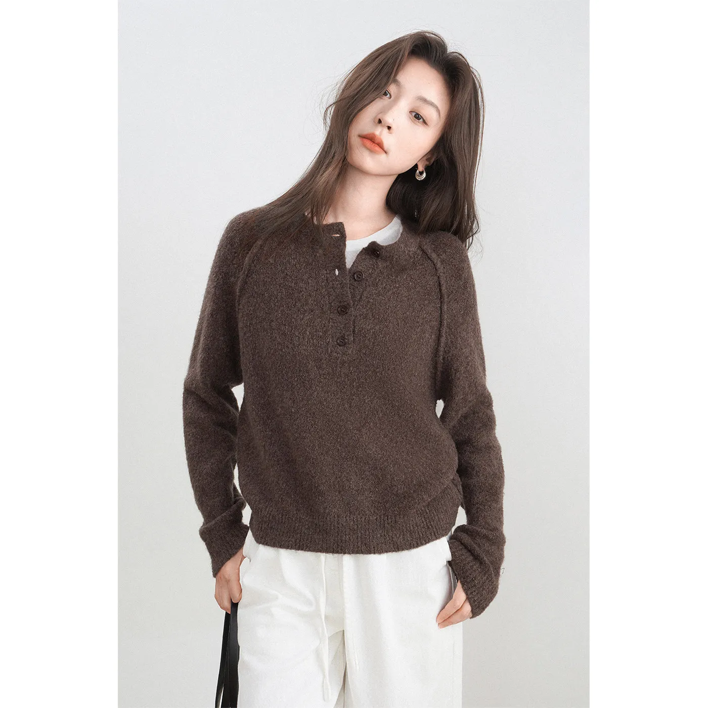 Henry Collar Cashmere Sweater Vintage Brown Top High-grade Loose Lazy Relaxation Sweater