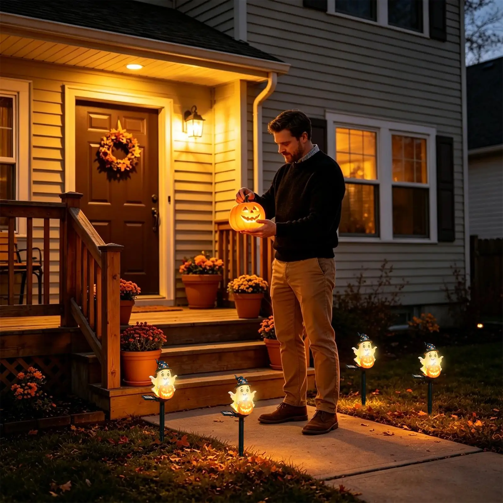 Solar Halloween Lights Outdoor Spooky Weatherproof Outdoor Decoration Solar Ghost Lights Pumpkin Stakes For Garden Courtyard