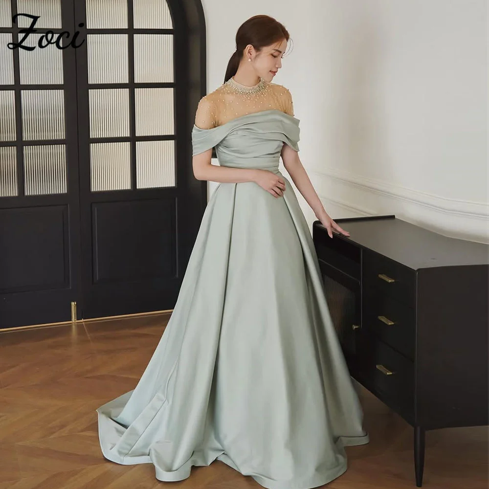 

Zoci Luxury Mint Green Korea Evening Dresses Illusion Beads Photos Shoot Satin Dress Customized Off Shoulder Bride Party Gown