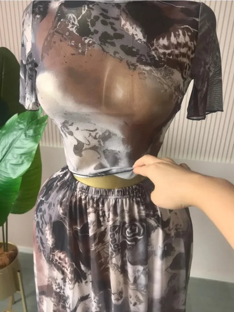 Set da donna elegante in 2 pezzi, manica corta, scollo a O, top stampato con gonna lunga, tuta autunnale, set sexy per il 2025