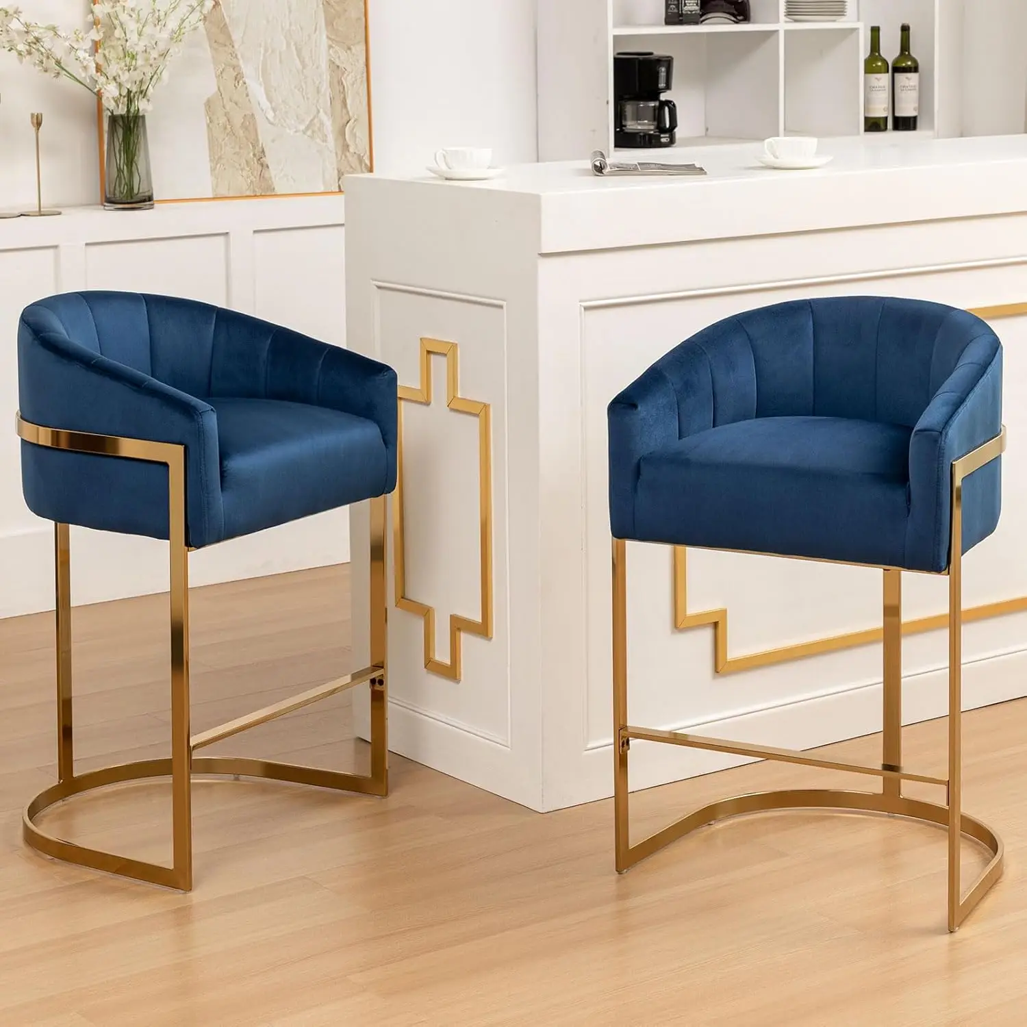 

Counter Height Bar Stools Set of 2, Modern 27" H Barrel Counter Stools with Shell Back, Gold Velvet Bar Stools for Kitchen Is