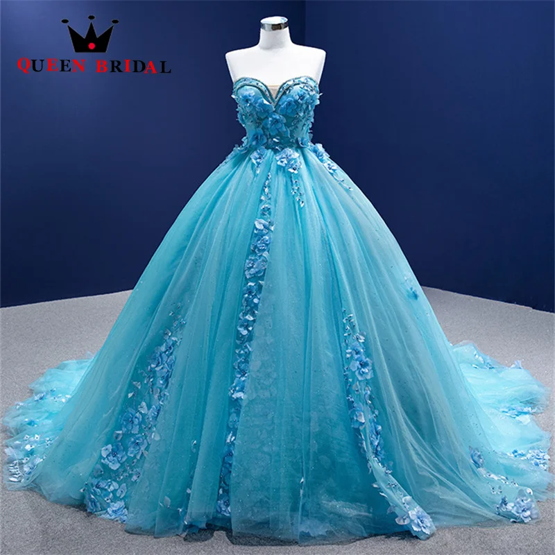 Sky Blue Appliques Flowers Pleat Evening Dress 2023 New Sweetheart Formal Elegant Ball Gowns Robes De Soirée Custom ZX44