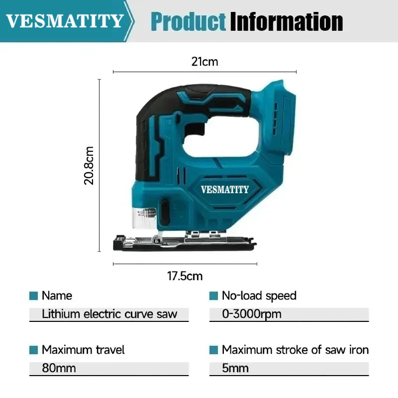 VESMATITY DJV182Z 340W Brushless Jigsaw Saw Blade Cordless Barrel Handle Portable Carpenter Tool for 18V 20V Battery Pro Max