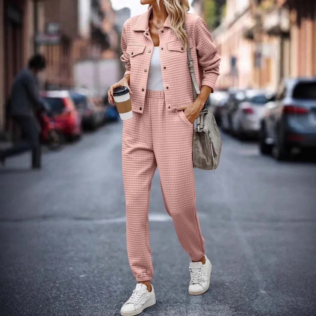 

Women's New Autumn Winter Fashion Two Pieces Set Casual Solid Color Long Sleeve Coat + Elasticated Mid-rise Pants Suit Women