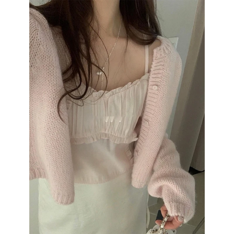 

Sweet Pure Color Knitted Sweater Women's Sle Pleated Long Sve round Ne Button Front Cardigan Dongda Gate Spring Collec...