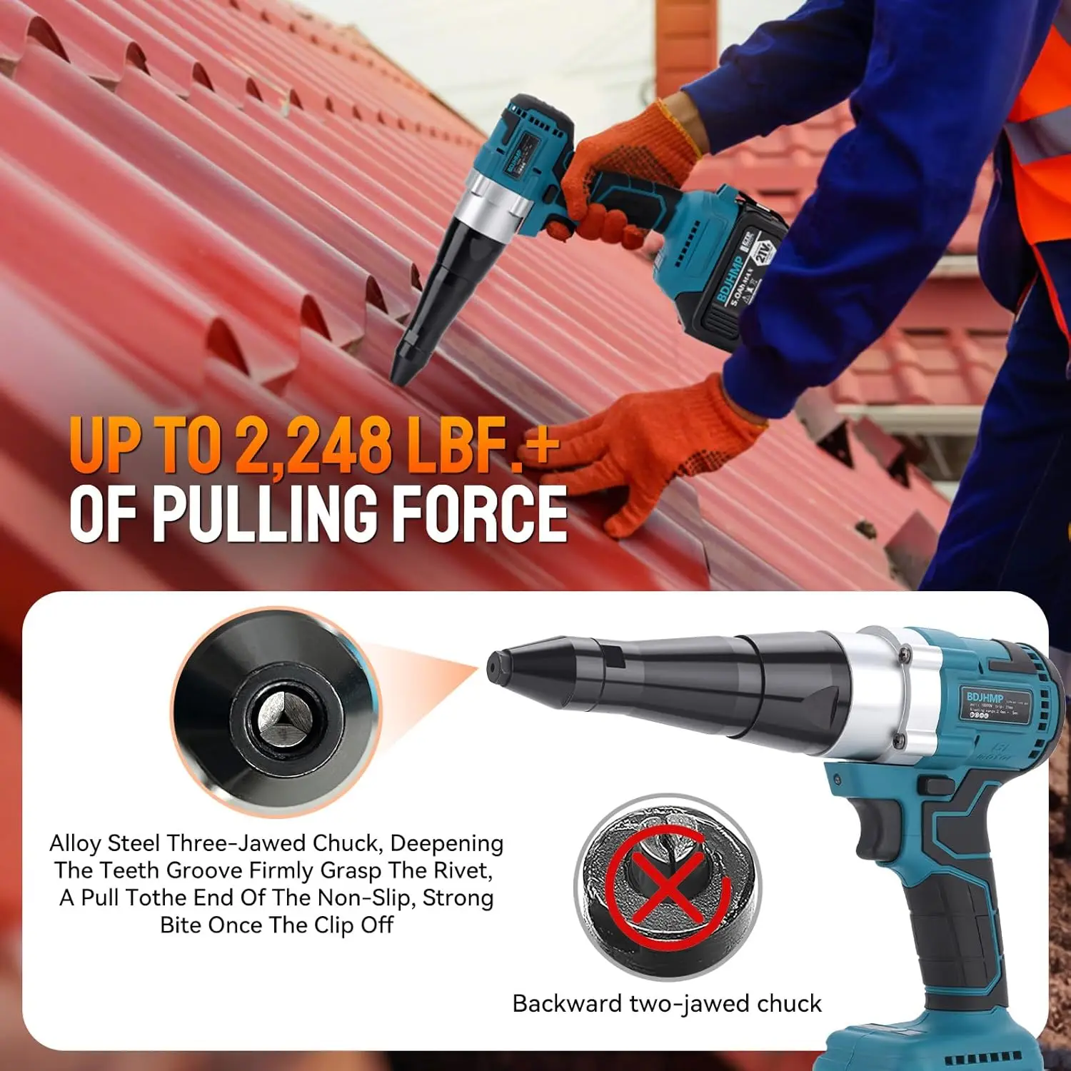 Cordless Rivet Gun, 2248 lbf Electric Riveter Kit for 1/8', 5/32', 3/16' Rivets with 2x 5.0Ah 18V Batteries