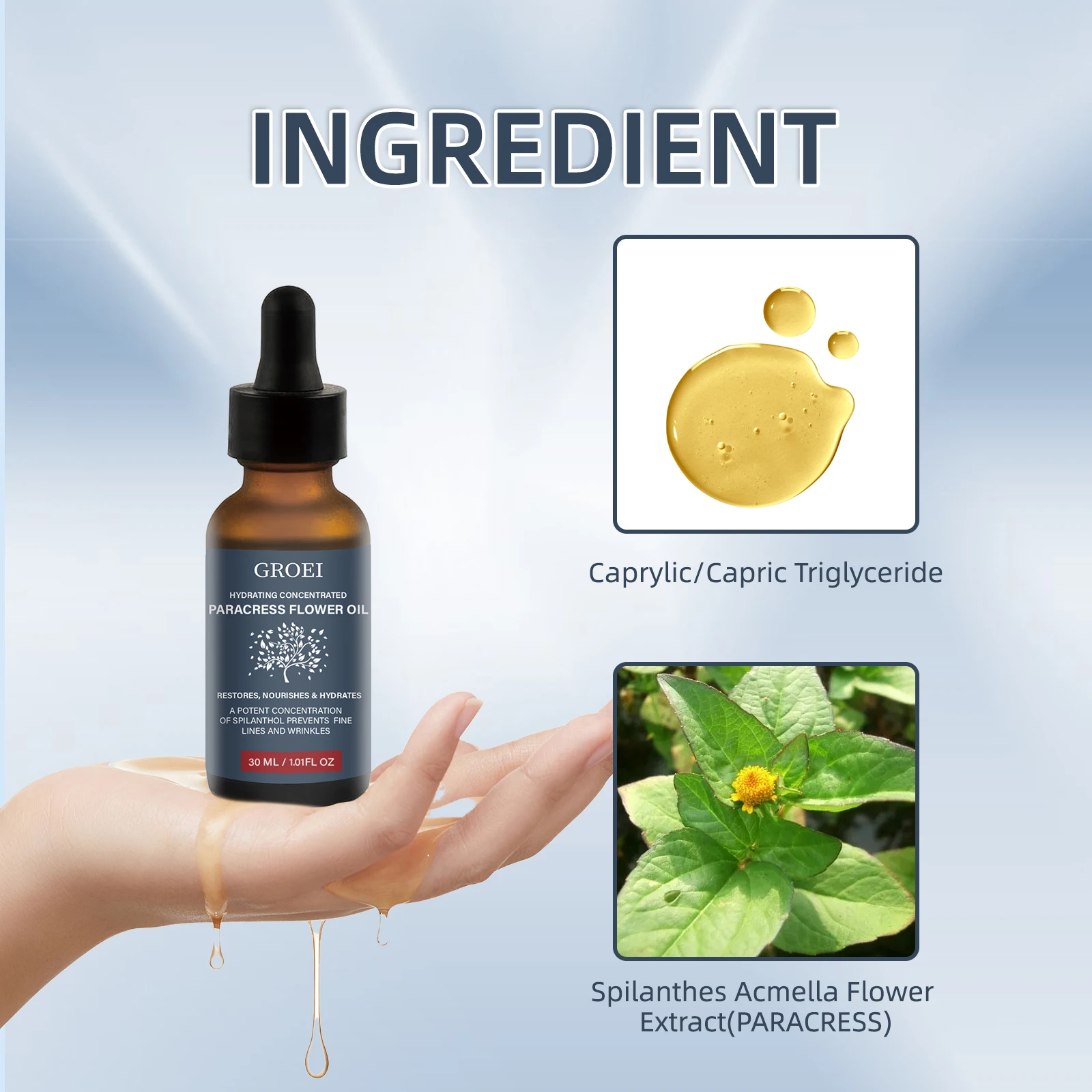GROEI Hydrating Paracress Flower Oil 30ml Anti-Aging Face Oil Reduce Fine Lines & Wrinkles Boosts Collagen Natural Firming Serum