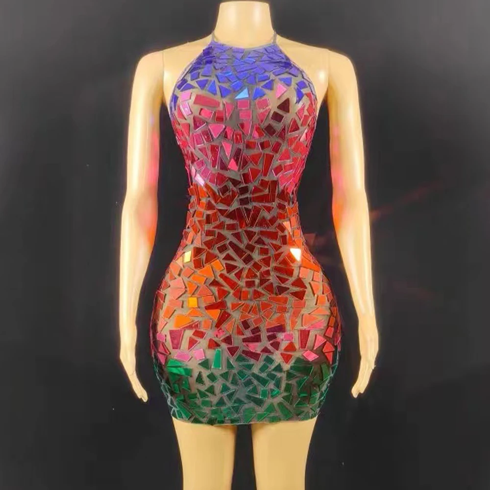 

Sexy Multi-color Mirrors Dress Evening Birthday Party Celebrate Costume Stretch Dress Wedding Evening Dance Sequins Short Dress