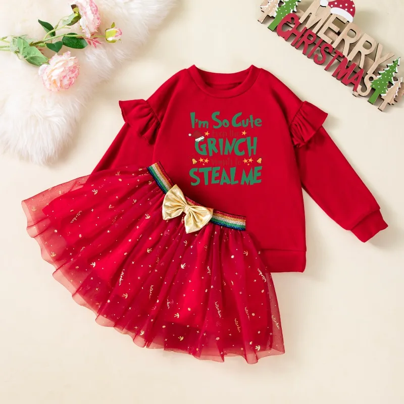 

Christmas Newborn Baby Girl Skirt Clothing Suit Lovely Infant Cotton Letter Long Sleeve Romper Bow Tulle Skirt Headband 3 Piece