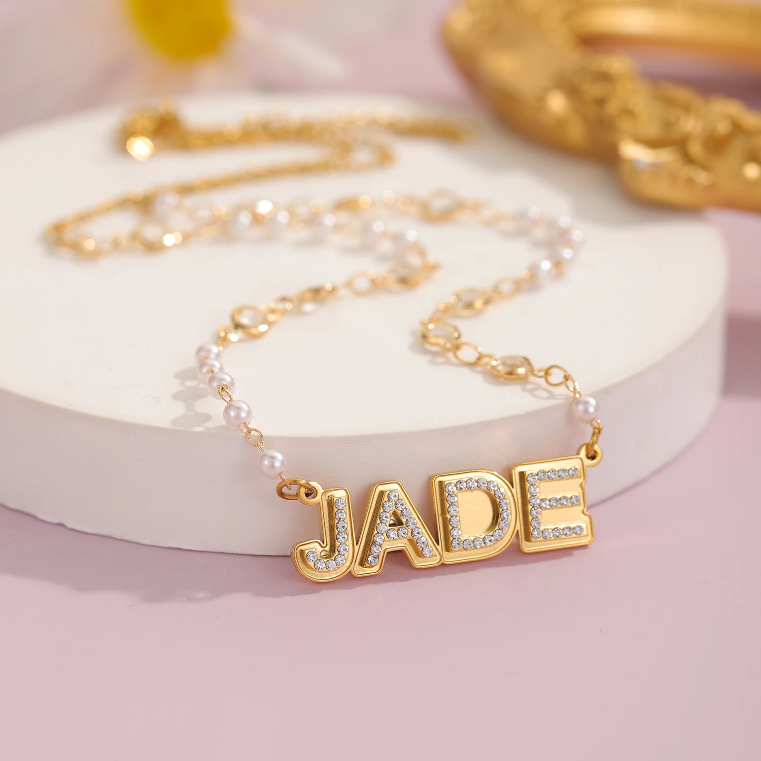 

Double Layer Crystal Name Necklace Personalized Pearl Chain 18K Gold Plated Necklace Gift Fashion Jewelry For Girlfriend MOM